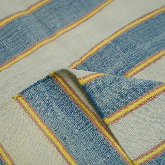 1950s Vintage Dhurrie Rug in Blue Stripes With Gold and Pink Accents | Rug & Kilim For Sale - Image 5 of 5