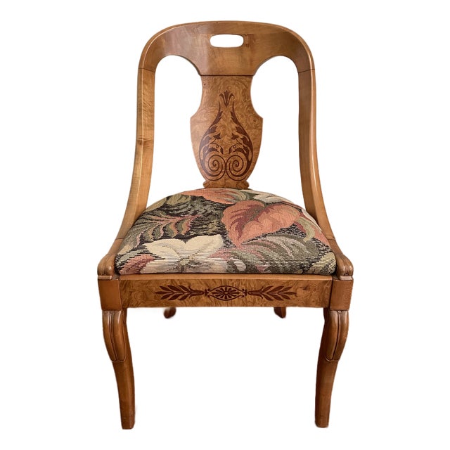 Biedermeier Revival Burl Veneer Inlay Side Chair With Floral Tapestry Seat, Circa 1930s For Sale