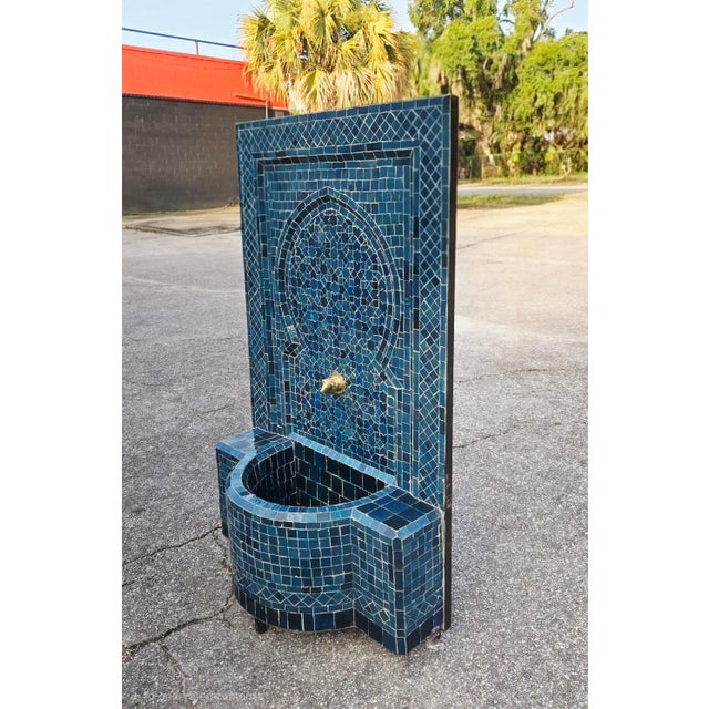 Moroccan Petrol Blue Handmade Moroccan Mosaic Tile Fountain For Sale - Image 3 of 6