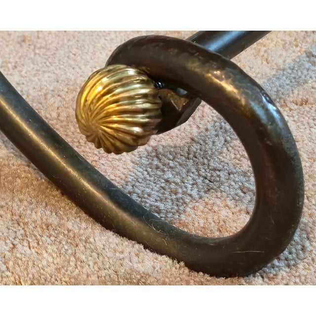 1980s Attributed to David Hicks Wrought Iron Tapestry Sling Chair With Brass Finials For Sale - Image 11 of 16