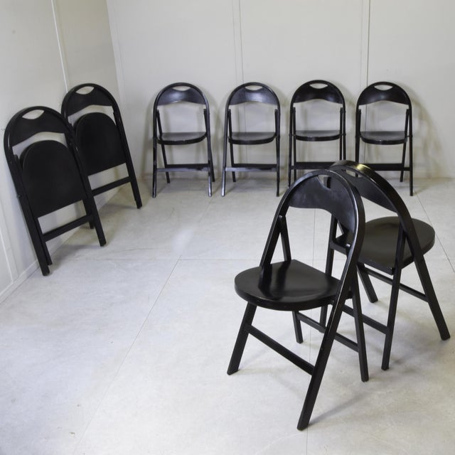 Wood Tric Folding Chairs in Black Lacquered Beech by Achille & Pier Giacomo Castiglioni for Bernini, 1960s, Set of 8 For Sale - Image 7 of 10