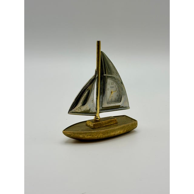 Vintage Elgin Sailboat Desk Clock | Mid-Century Brass & Chrome Nautical Miniature Timepiece For Sale In Chicago - Image 6 of 6