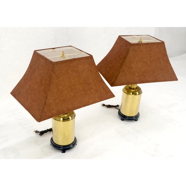 Pair of Asian Style c1070s Cylinder Shape Base Table Lamps Wooden Feet MINT! For Sale - Image 13 of 17