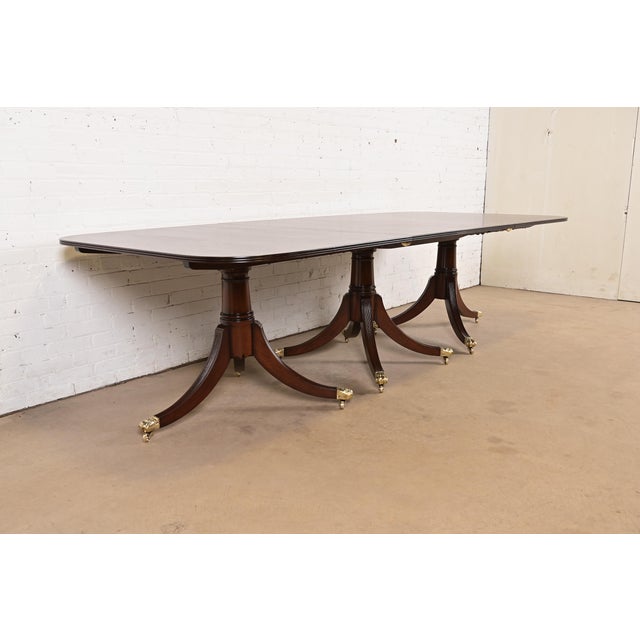 Baker Furniture Company Baker Furniture Style English Georgian Mahogany Triple Pedestal Extension Dining Table, Newly Refinished For Sale - Image 4 of 12