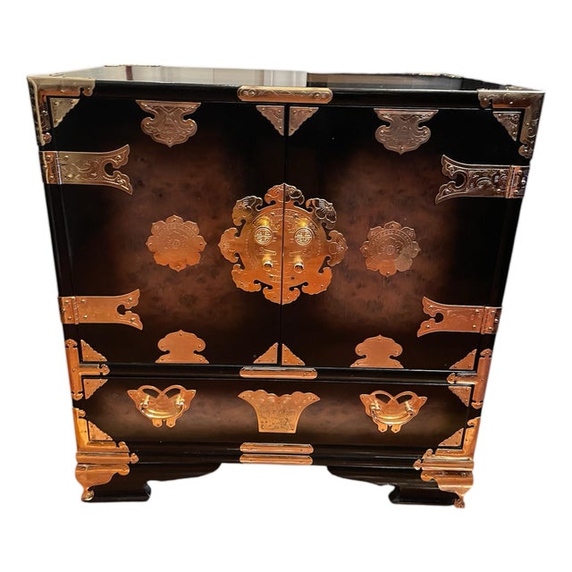 1980s Korean Tansu Style Chest Cabinet Chinoiserie Campaign Asian For Sale