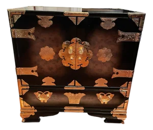 1980s Korean Tansu Style Chest Cabinet Chinoiserie Campaign Asian