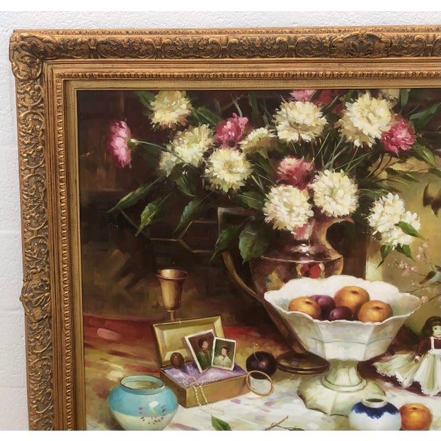 Gold P. Mozah 20th Century Oil Painting, Still Life, Spring Flowers, Ornate Gold Frame For Sale - Image 8 of 15