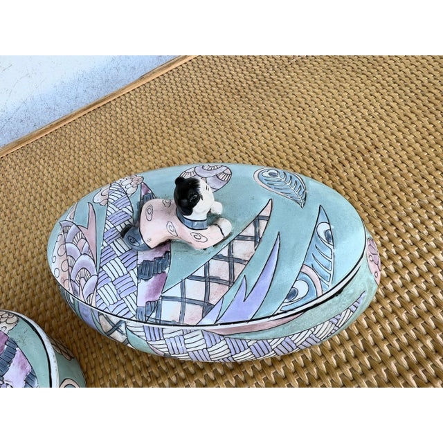 Mid 20th Century Vintage Asian Cloisino Turquoise Ceramic Boxes - Set of 2 For Sale - Image 5 of 10