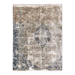 Vintage Handmade Medallion Motif Tan and Blue Distressed Wool Rug For Sale
