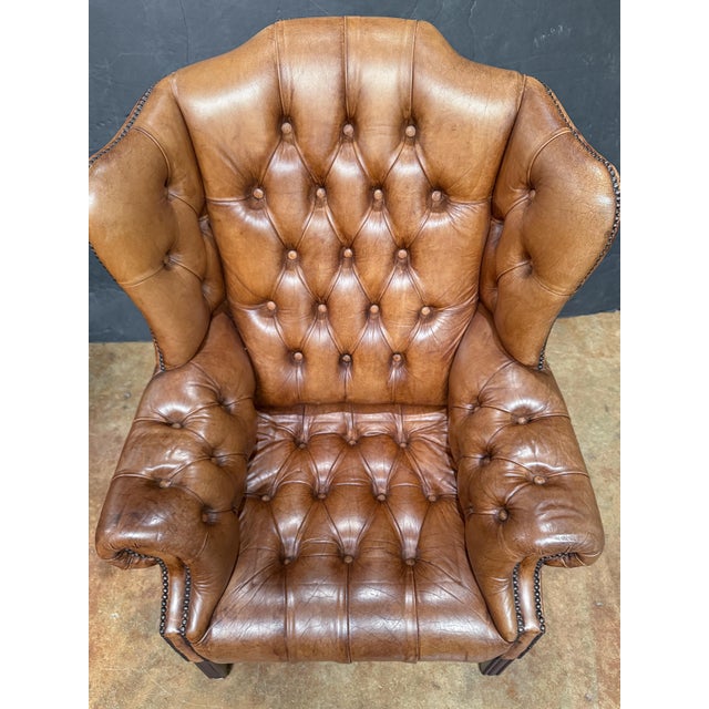Taupe Large English Wing Back Chair of Tufted Tanned Leather With Nail-Head Trim For Sale - Image 8 of 16