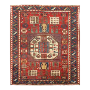 Late 19th Century Antique Kazak Karachopf Rug With Octagon Medallion in Red Blue and Green Tones