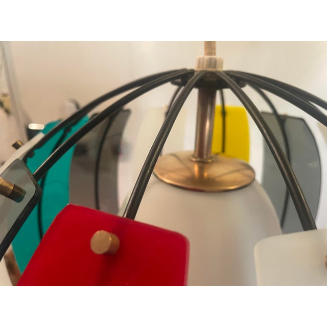 Mid-Century Modern 1950s Colorful Lightolier Round Metal and Ribbed Lucite Pendant Lamps - Set of 2 For Sale - Image 3 of 12