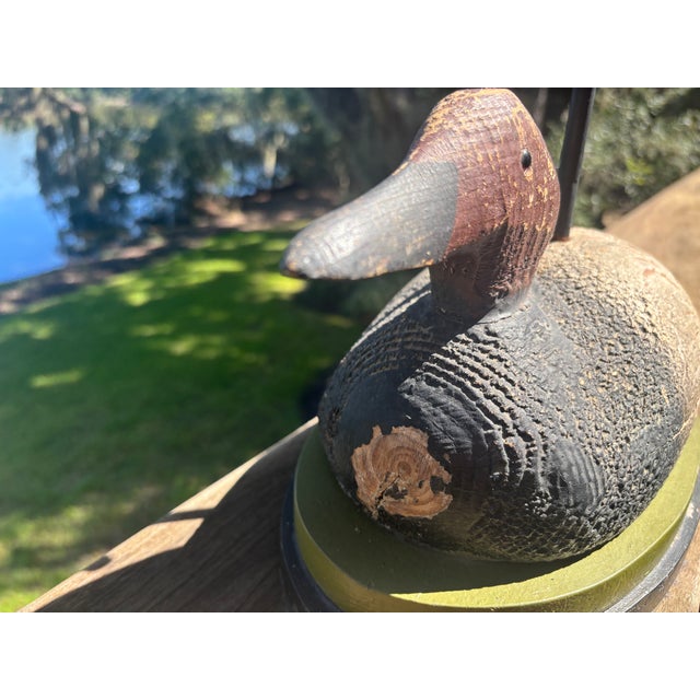 Early 20th Century Hand-Carved Duck Decoy Lamps With Custom Ticking Stripe Shades – Pair For Sale - Image 13 of 17