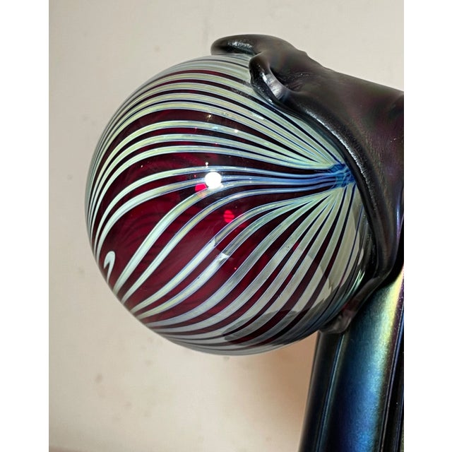1980s Rare Hand Blown Aurene Iridescent Rainbow Glass Vase Holding Sphere Sculpture For Sale - Image 13 of 16