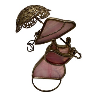 Vintage Brass & Pink Slag Glass Lady Figurine With Parasol Victorian / Art Nouveau Style Decorative Accent For Sale