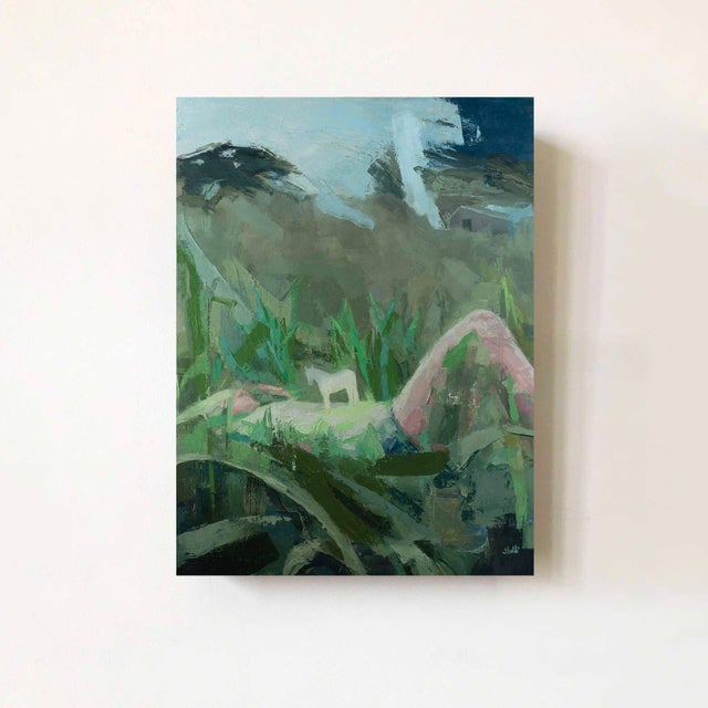 Early 21st Century Submergence by Shelli Langdale | Oil on gallery panel depicting a figure lying in grass with a white animal. For Sale - Image 5 of 5