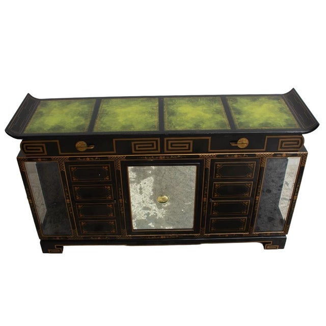 Chinoiserie Black Lacquered & Gilt Decorated Details /Green Leather Top Sideboard / Server For Sale - Image 3 of 12