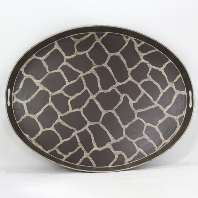 Vintage Large Oval Tole Tray - Hand Painted Brown and Cream Giraffe Animal Print Decorative Tray For Sale - Image 15 of 15