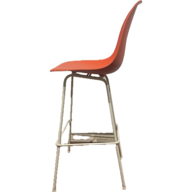 EAMES For HERMAN MILLER Barstools with Red/Orange molded fiberglass seat, and White "H" shaped 4 legged base. Mid-Century...