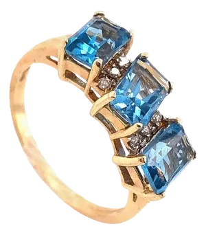 14 Karat Yellow Gold Ring Princess Cut Three Blue Topaz With Diamond Accents, Size 6.5