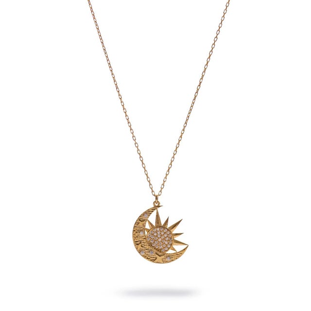 Modern Celestial Sun & Moon Diamond Gold Necklace For Sale - Image 3 of 7