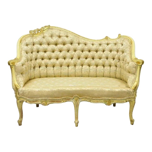 Vintage French Louis XV Rococo Style Yellow & Green Settee Loveseat Sofa For Sale