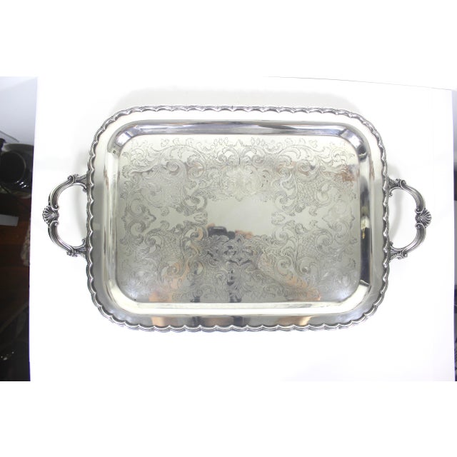 English Extra Large Butler’s Tray Silver Plated Rectangular Platter Vintage Plate Ornate Shell or Fan Handles Embossed Serving For Sale - Image 3 of 13