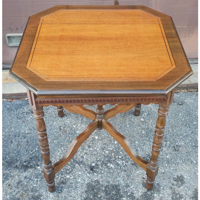 1920s Early 20th Century Jacobean Style Banded Walnut Octogonal Side Table, Circa 1920s For Sale - Image 5 of 12