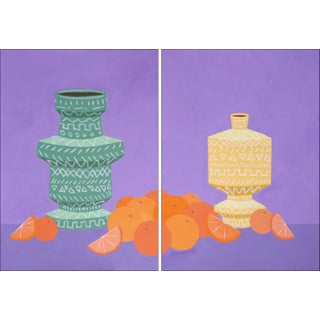 2024, Contemporary Realism, Modern Still Life Diptych of Ceramic Pots With Orange, Acrylic Painting on Paper by Gio Bellagio For Sale