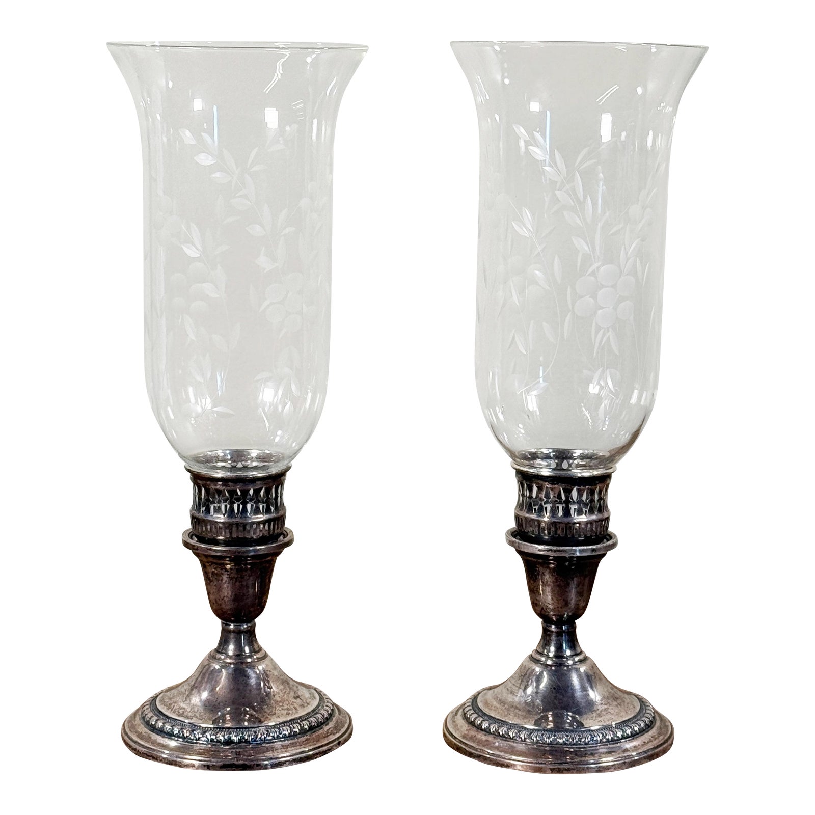 International Sterling Silver Etched Crystal Hurricane Candlesticks – A Pair