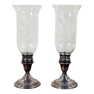 International Sterling Silver Etched Crystal Hurricane Candlesticks – A Pair