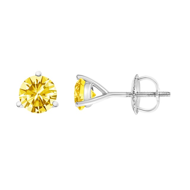 Contemporary 14K White Gold 3-Prong Martini Set 1 1/2 Cttw Yellow Lab Grown Diamond Solitaire Stud Earrings For Sale - Image 3 of 4