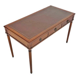 Vintage Solid Mahogany Writing Desk With Leather Top and Brass Hardware For Sale