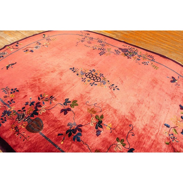 1920s Rose Field Floral Antique Chinese Knotted Wool Art Deco Room Size Oval Rug For Sale - Image 4 of 8