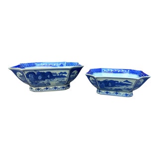 Vintage Hand Painted Blue and White Chinoiserie Jardiniere Bowls -A Pair For Sale