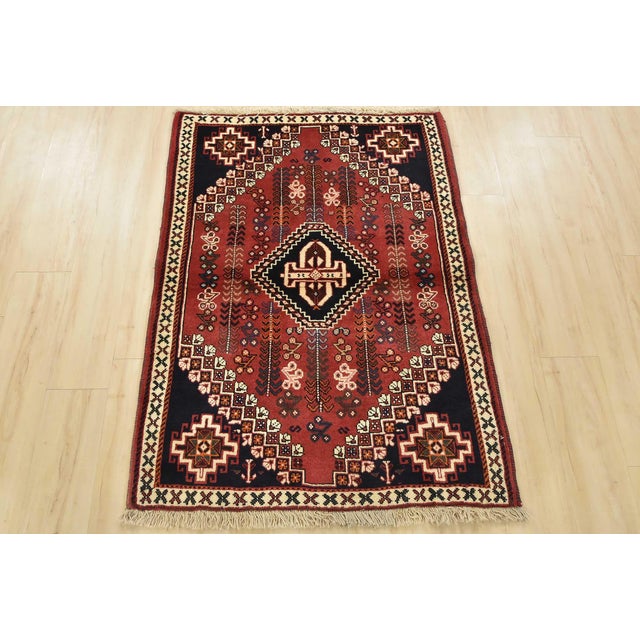 Tribal Shiraz Rug 3’5” X 4’7” Red Wool Vintage Tribal Hand-Knotted Oriental Carpet For Sale - Image 3 of 12