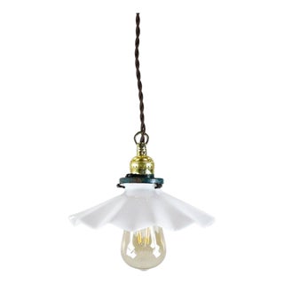 1940s Milk Glass Vintage Industrial Pendant Light 14 For Sale