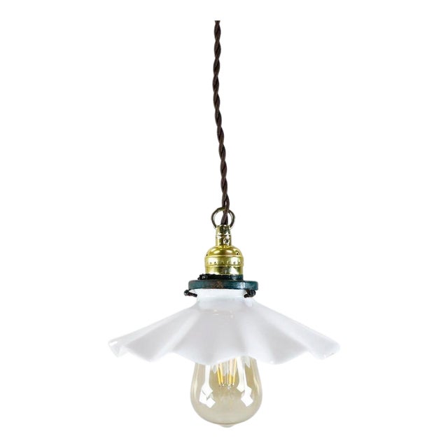 1940s Milk Glass Vintage Industrial Pendant Light 14 For Sale