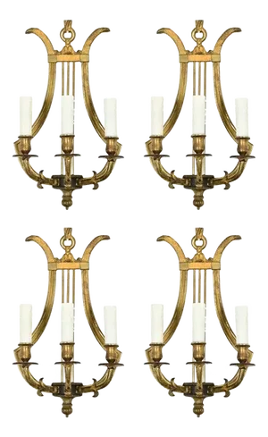 French Vintage Brass Lyre Sconces - Set of Four