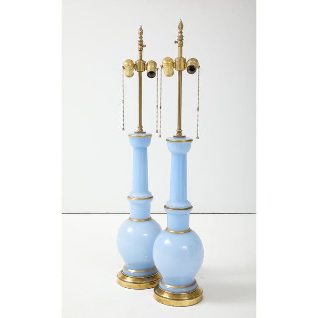 Warren Kessler Blue Glass And Brass 1950's Table Lamps - A Pair For Sale - Image 9 of 12