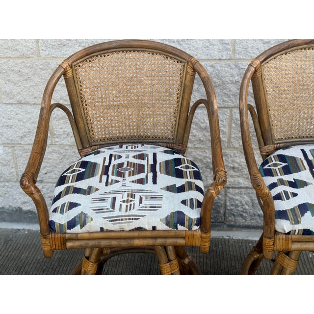 Pair of 1970s Vintage Rattan & Cane Swivel Bar Stools With Upholstered Seats For Sale - Image 4 of 10