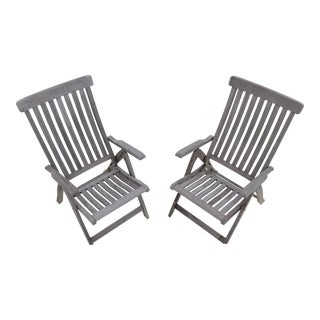 Vintage Teak Folding Lounge Deck Arm Chairs - Set of 2 For Sale