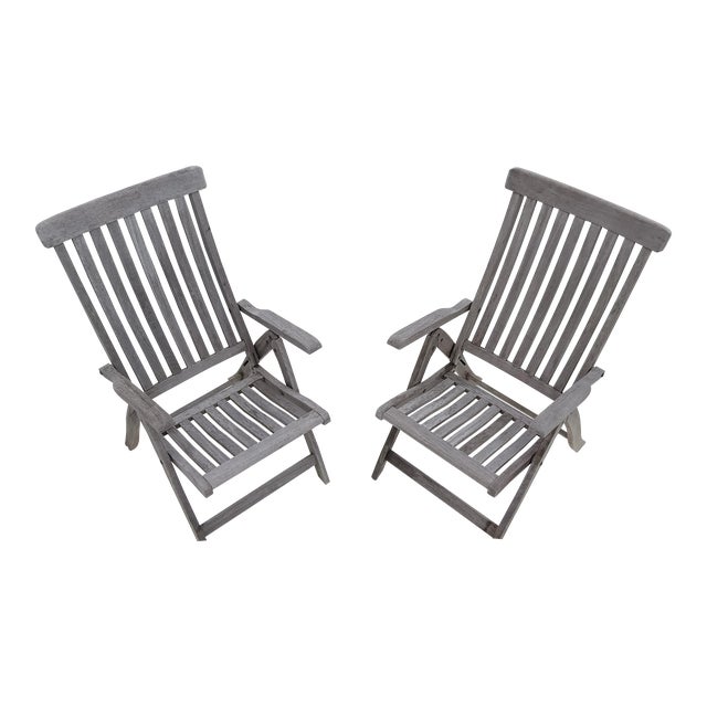 Vintage Teak Folding Lounge Deck Arm Chairs - Set of 2 For Sale