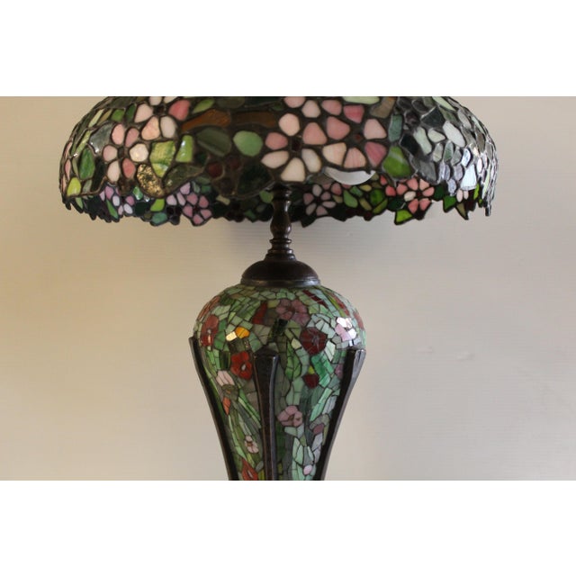 Gorgeous Tiffany-Style Art Nouveau Lamp With Bronze Base For Sale - Image 4 of 18