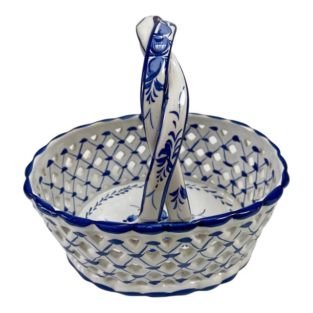 Large Vintage European Blue & White Pierced Centerpiece Basket For Sale