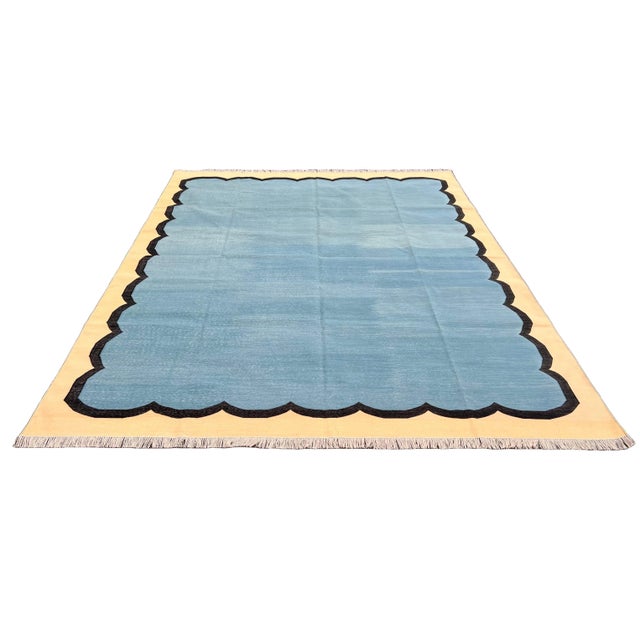 Handmade Cotton Scalloped Edge Rug, Teal Blue, Black and Cream Bordered Dhurrie- 12'x15' For Sale - Image 9 of 13