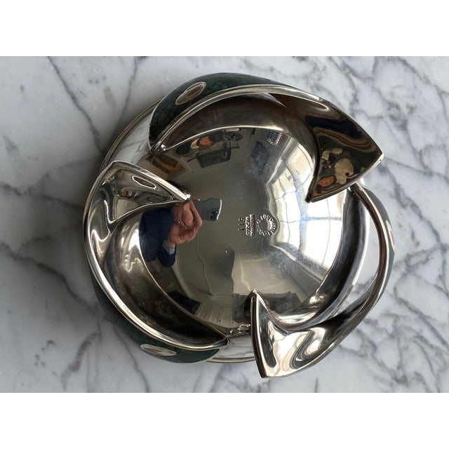 1970s Mid Century Modern Castillo Taxco Abstract Fish Footed Siver Plated Bowl With Malachite & Azurite Inlay For Sale - Image 11 of 14