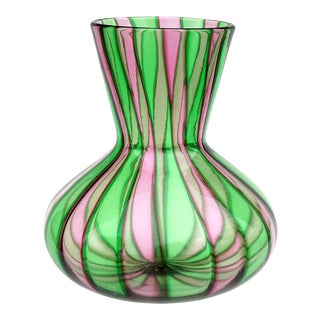 Murano Fratelli Toso Vintage Pink Green Transparent Stripes Italian Art Glass Midcentury Flower Vase For Sale