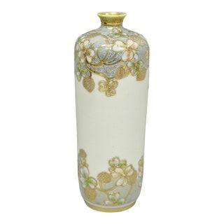 Antique Nippon Art Nouveau Hand Painted Gold Gilt Porcelain Small Cylinder Vase For Sale