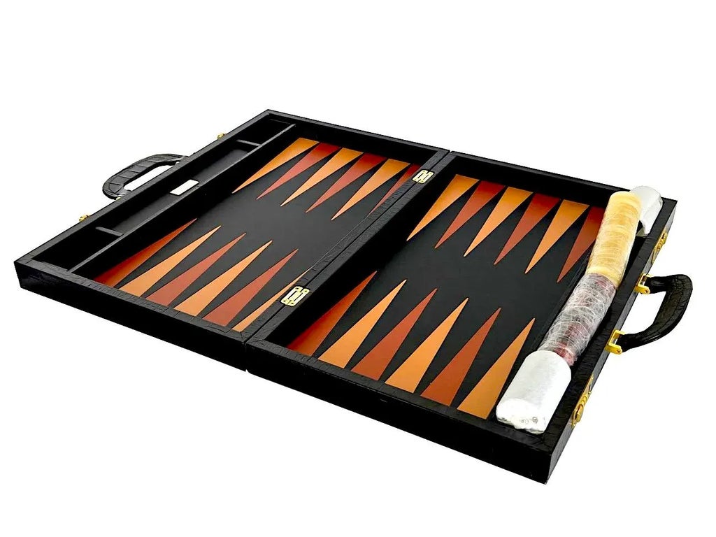 Renzo Romagnoli Black Crocodile Embossed Leather Backgammon Set